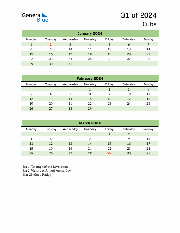 Quarterly Calendar 2024 with Cuba Holidays