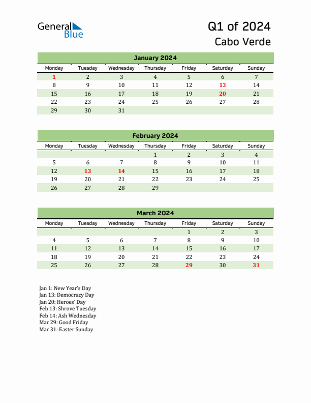 Quarterly Calendar 2024 with Cabo Verde Holidays