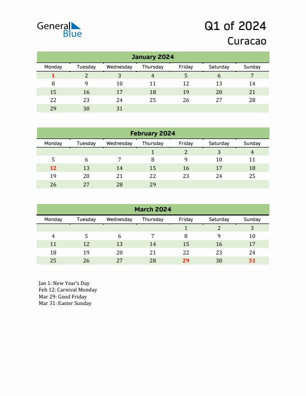 Quarterly Calendar 2024 with Curacao Holidays