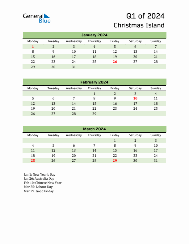 Quarterly Calendar 2024 with Christmas Island Holidays