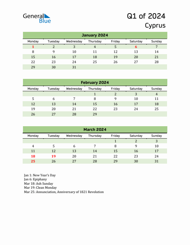 Quarterly Calendar 2024 with Cyprus Holidays