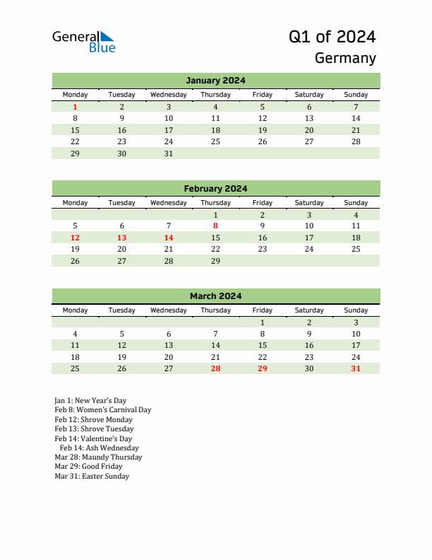 Quarterly Calendar 2024 with Germany Holidays