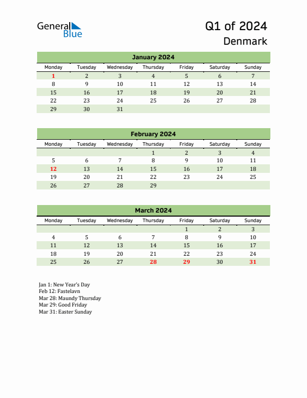 Quarterly Calendar 2024 with Denmark Holidays