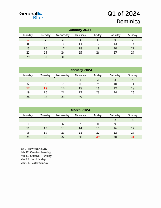 Quarterly Calendar 2024 with Dominica Holidays