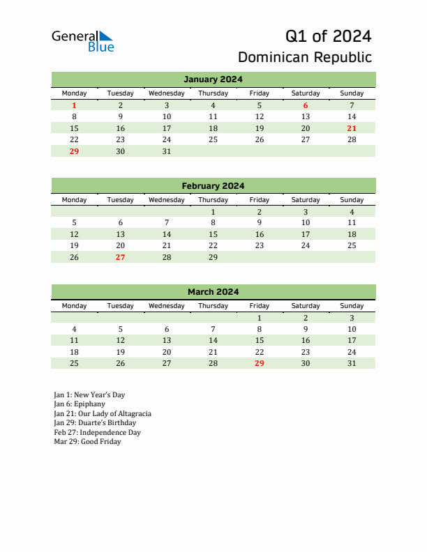 Quarterly Calendar 2024 with Dominican Republic Holidays