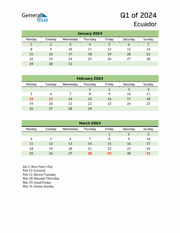 Quarterly Calendar 2024 with Ecuador Holidays