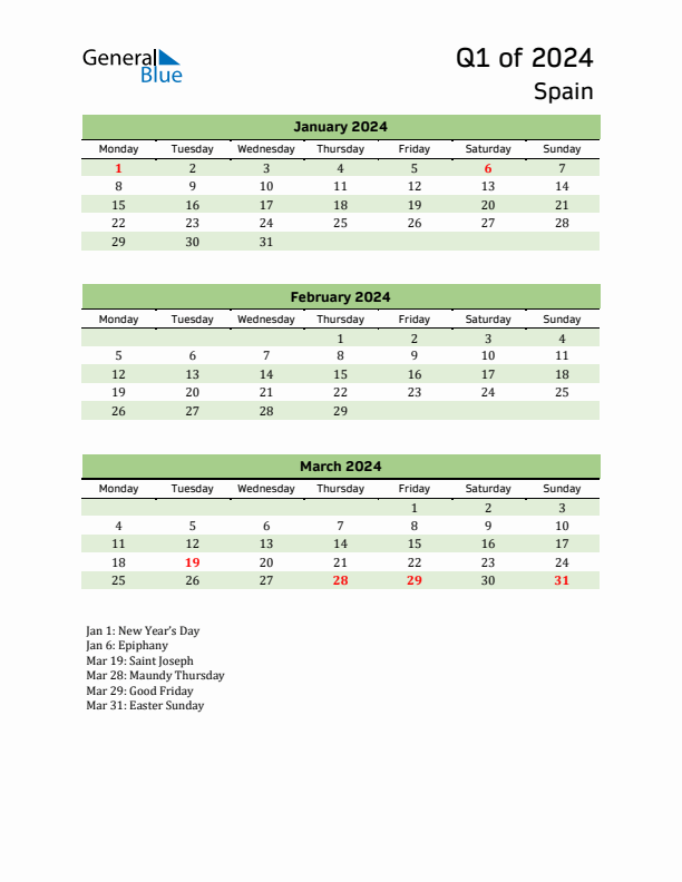 Quarterly Calendar 2024 with Spain Holidays