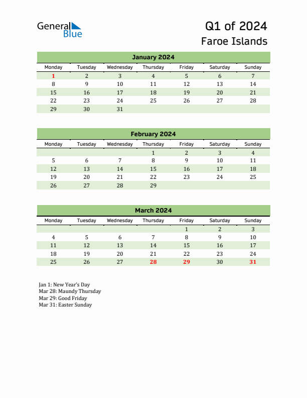 Quarterly Calendar 2024 with Faroe Islands Holidays