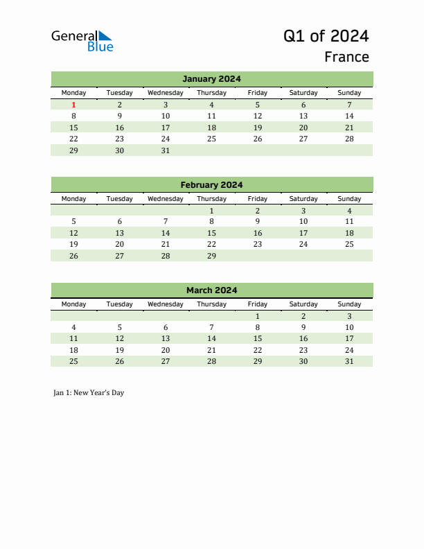 Quarterly Calendar 2024 with France Holidays