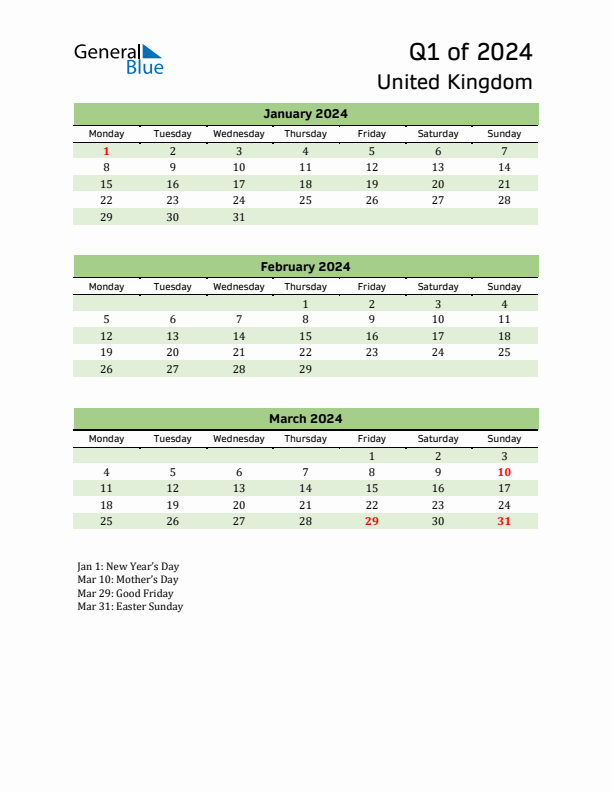 Quarterly Calendar 2024 with United Kingdom Holidays