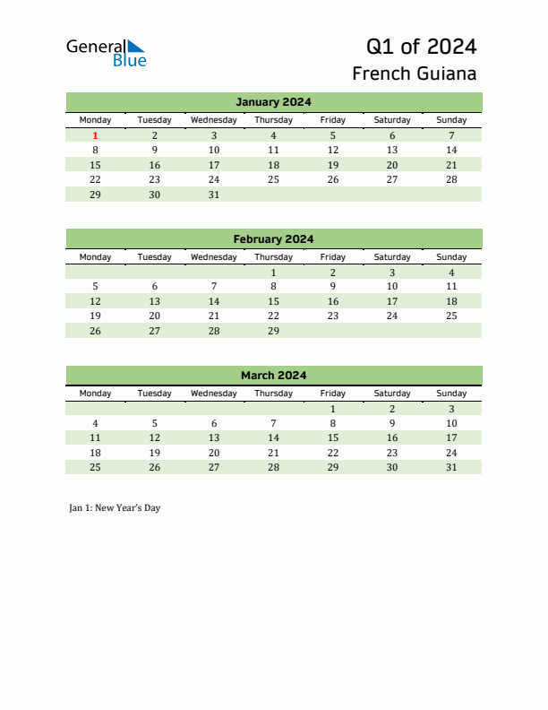 Quarterly Calendar 2024 with French Guiana Holidays