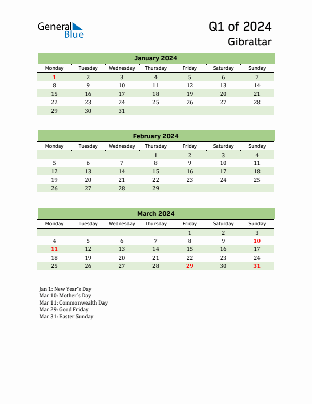 Quarterly Calendar 2024 with Gibraltar Holidays