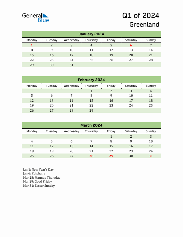 Quarterly Calendar 2024 with Greenland Holidays