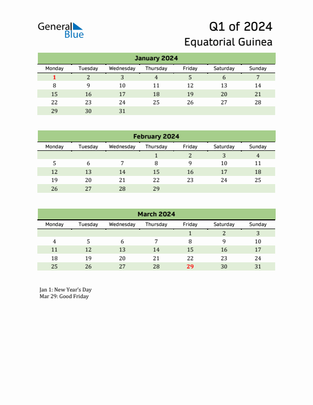 Quarterly Calendar 2024 with Equatorial Guinea Holidays