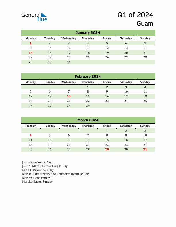 Quarterly Calendar 2024 with Guam Holidays