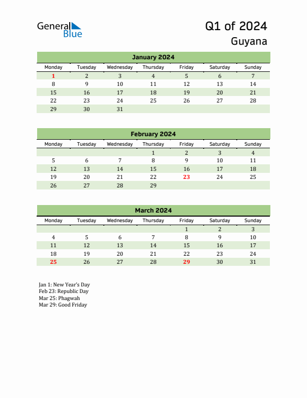 Quarterly Calendar 2024 with Guyana Holidays