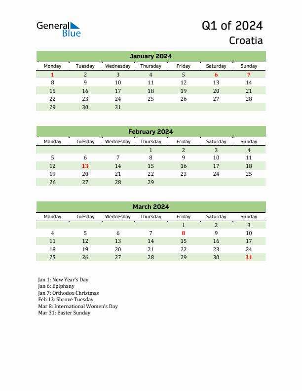 Quarterly Calendar 2024 with Croatia Holidays