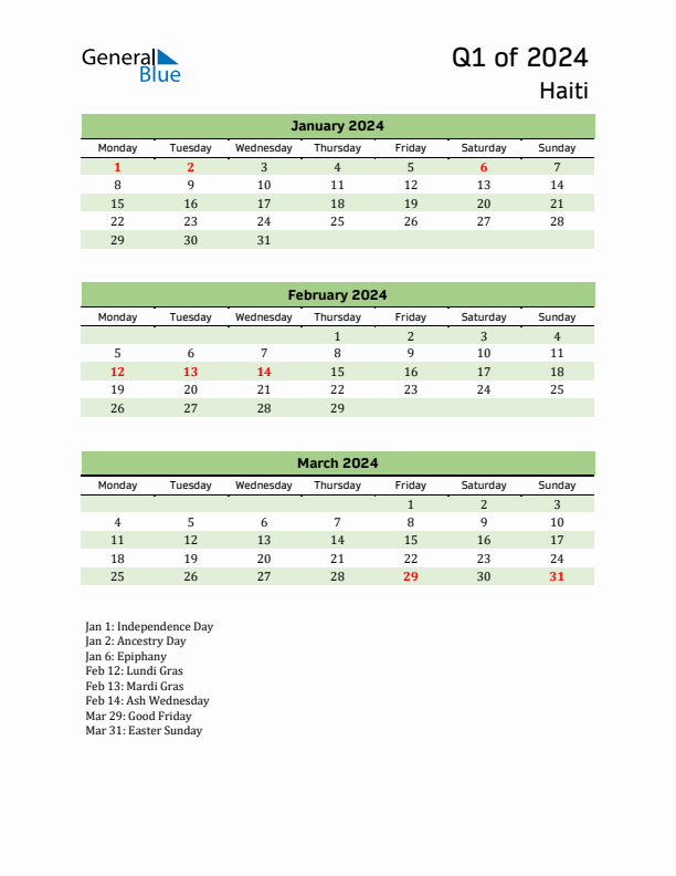 Quarterly Calendar 2024 with Haiti Holidays