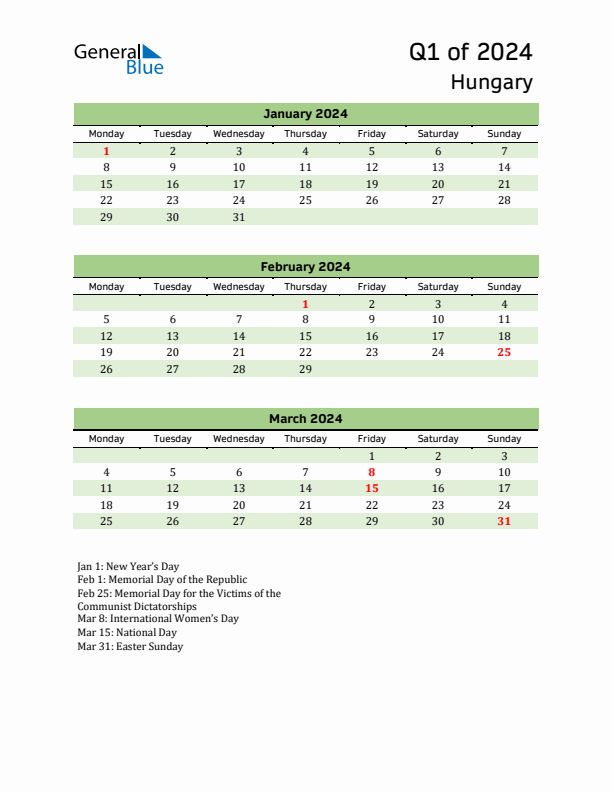 Quarterly Calendar 2024 with Hungary Holidays