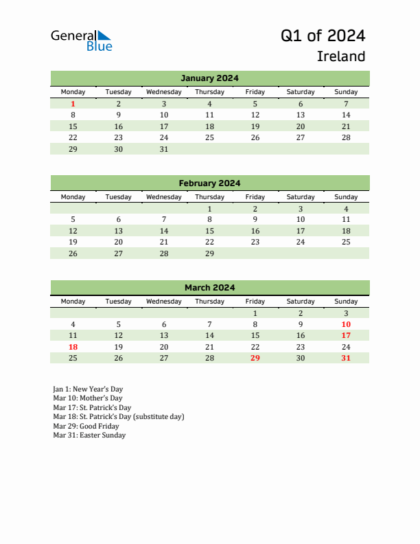 Quarterly Calendar 2024 with Ireland Holidays