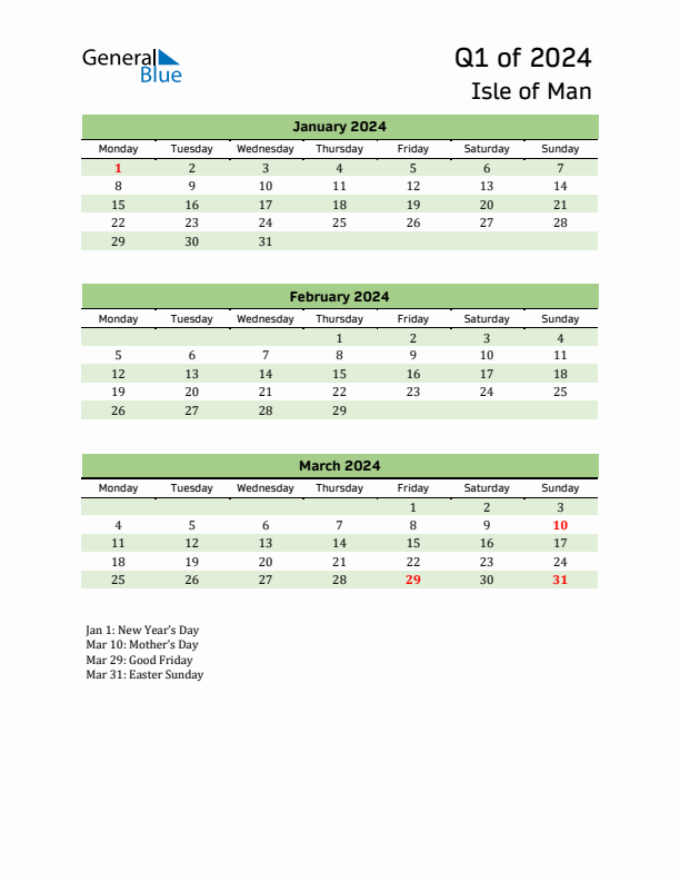 Quarterly Calendar 2024 with Isle of Man Holidays