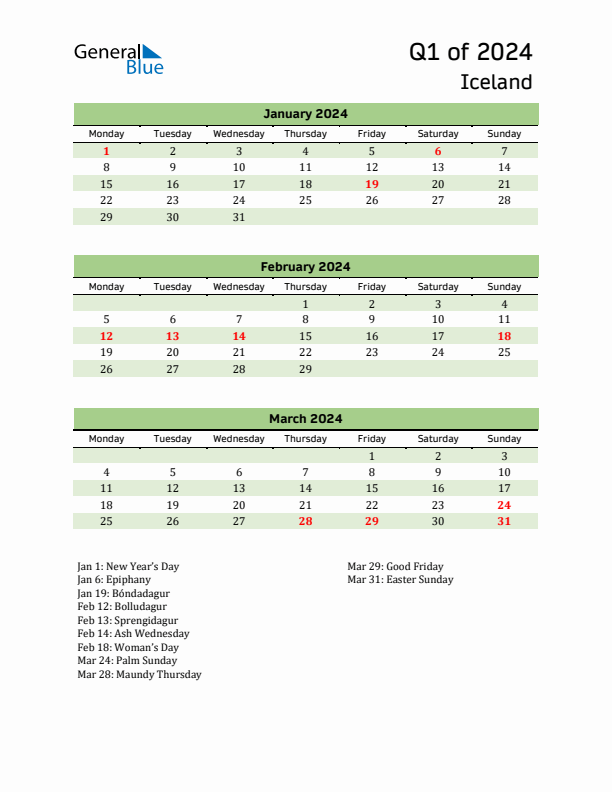 Quarterly Calendar 2024 with Iceland Holidays