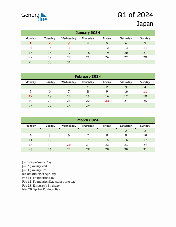 Quarterly Calendar 2024 with Japan Holidays