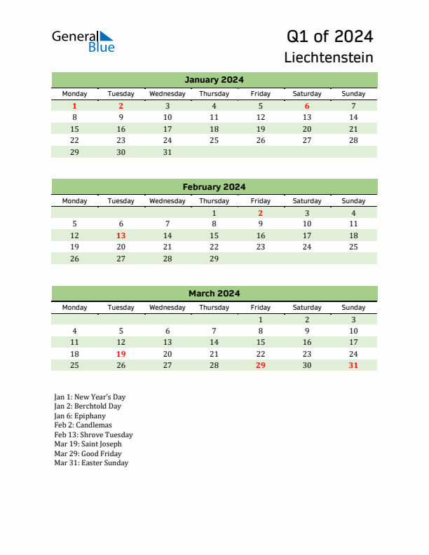 Quarterly Calendar 2024 with Liechtenstein Holidays