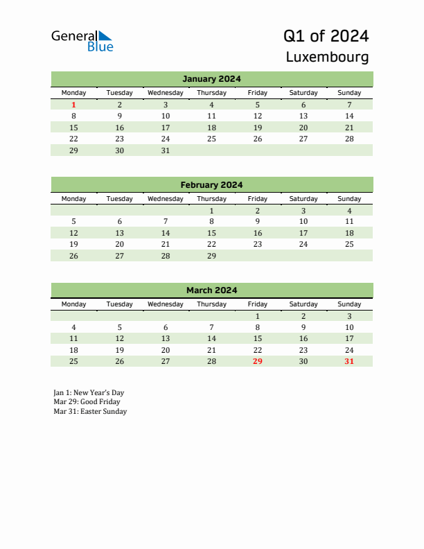 Quarterly Calendar 2024 with Luxembourg Holidays