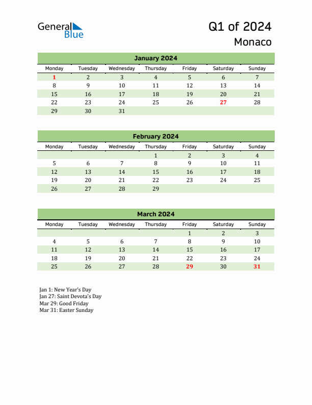 Quarterly Calendar 2024 with Monaco Holidays