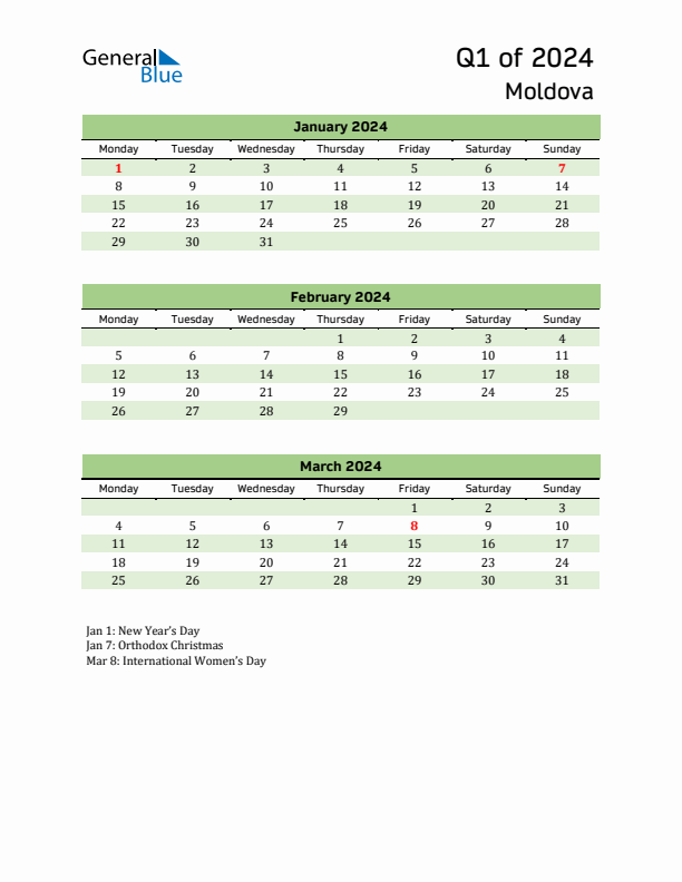 Quarterly Calendar 2024 with Moldova Holidays