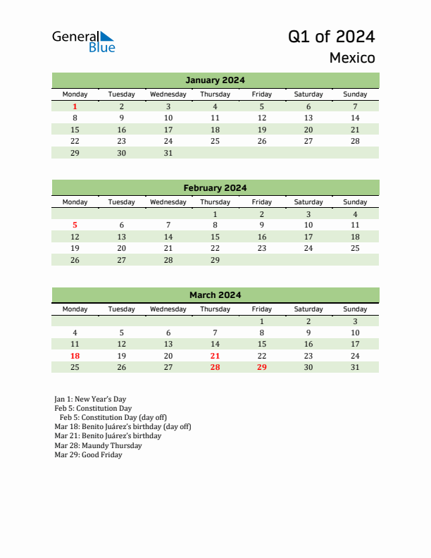 Quarterly Calendar 2024 with Mexico Holidays