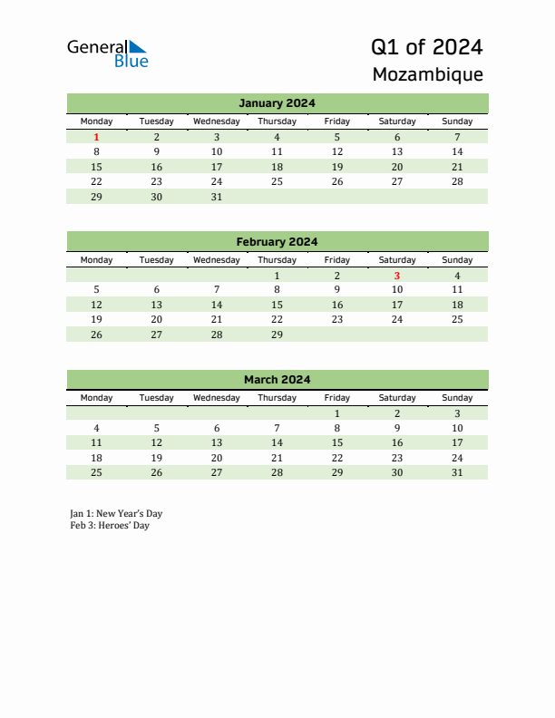 Quarterly Calendar 2024 with Mozambique Holidays