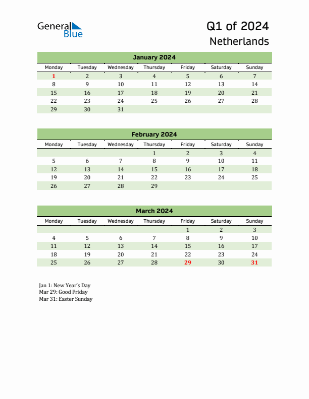 Quarterly Calendar 2024 with The Netherlands Holidays