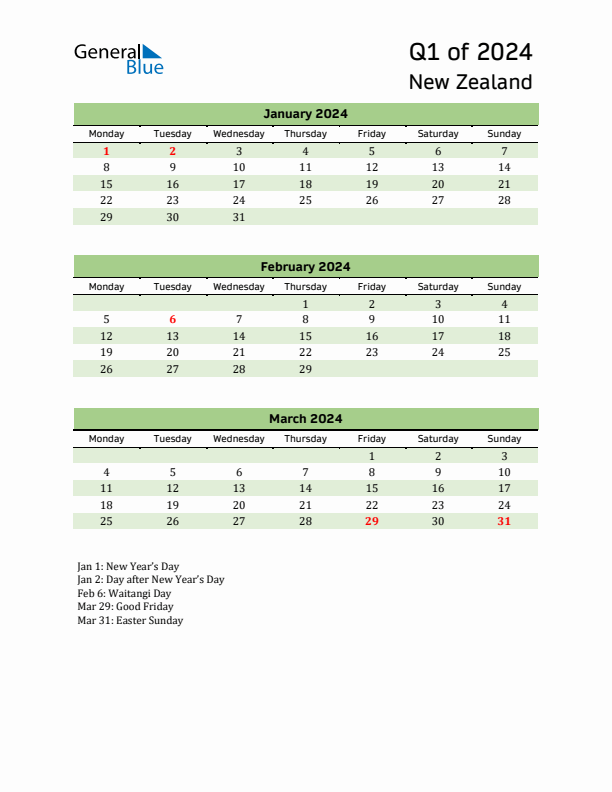 Quarterly Calendar 2024 with New Zealand Holidays