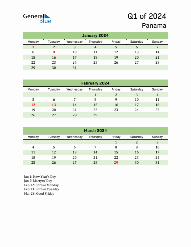 Quarterly Calendar 2024 with Panama Holidays