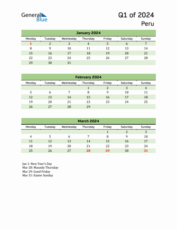 Quarterly Calendar 2024 with Peru Holidays