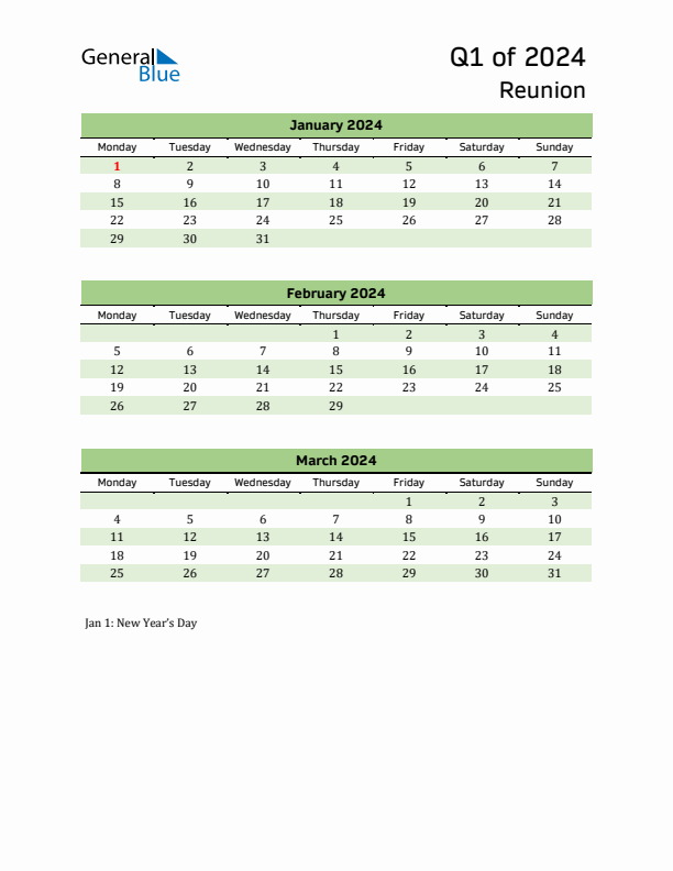 Quarterly Calendar 2024 with Reunion Holidays