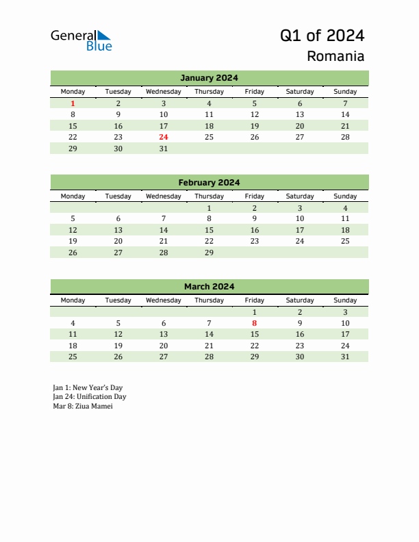 Quarterly Calendar 2024 with Romania Holidays