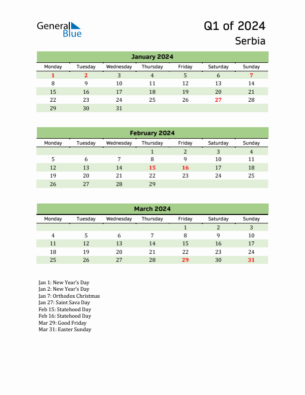 Quarterly Calendar 2024 with Serbia Holidays