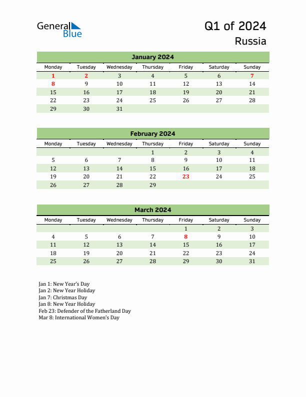 Quarterly Calendar 2024 with Russia Holidays