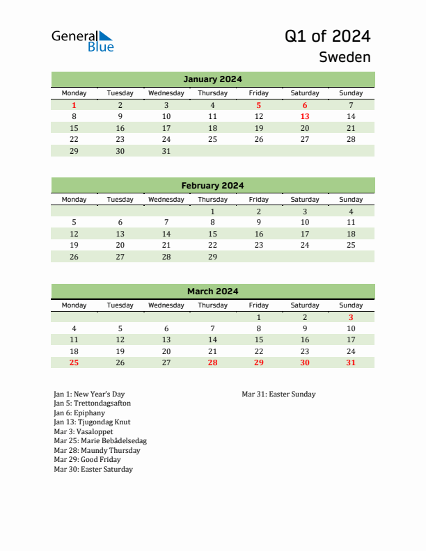 Quarterly Calendar 2024 with Sweden Holidays