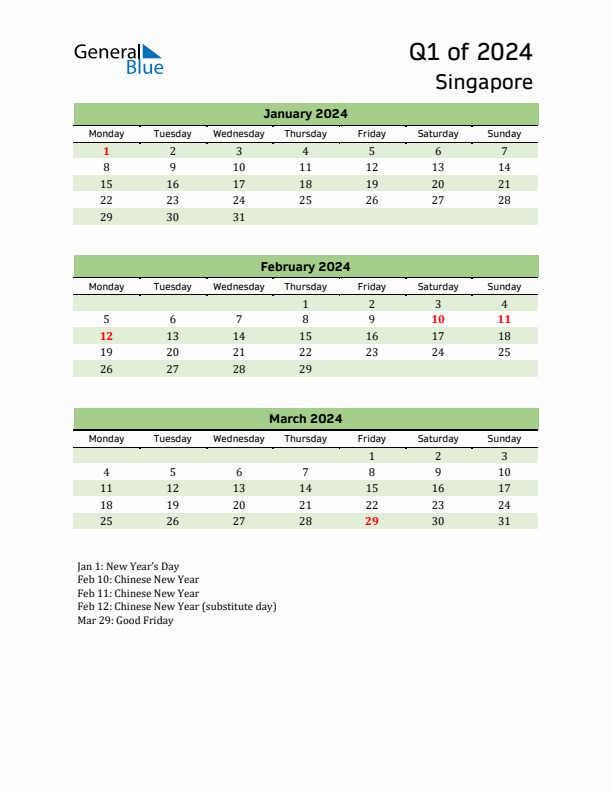 Quarterly Calendar 2024 with Singapore Holidays