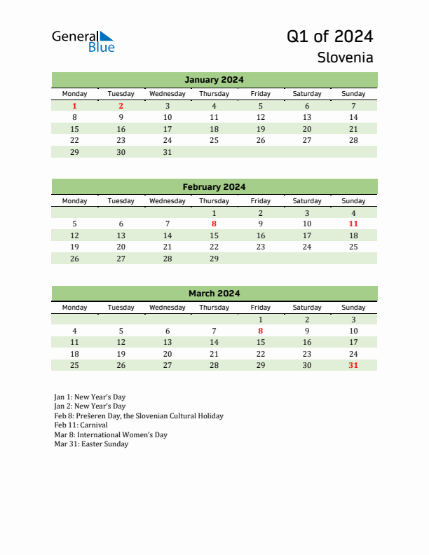 Quarterly Calendar 2024 with Slovenia Holidays