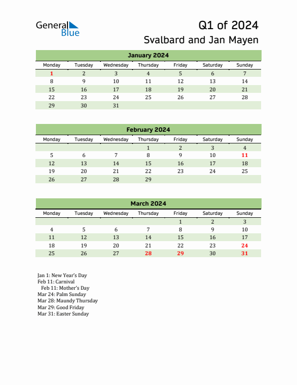 Quarterly Calendar 2024 with Svalbard and Jan Mayen Holidays