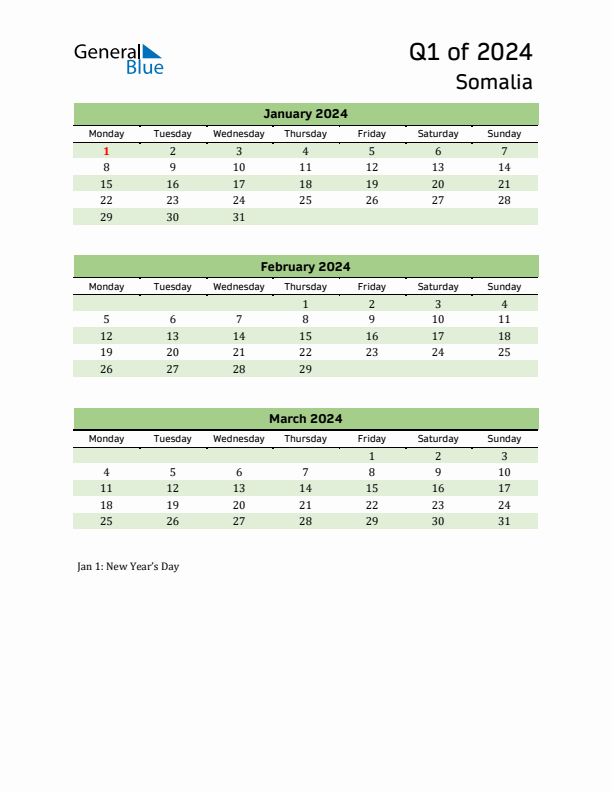 Quarterly Calendar 2024 with Somalia Holidays