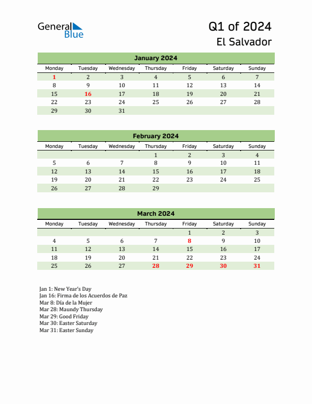 Quarterly Calendar 2024 with El Salvador Holidays