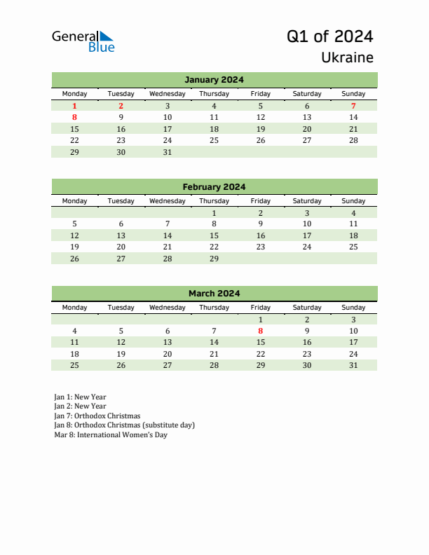 Quarterly Calendar 2024 with Ukraine Holidays