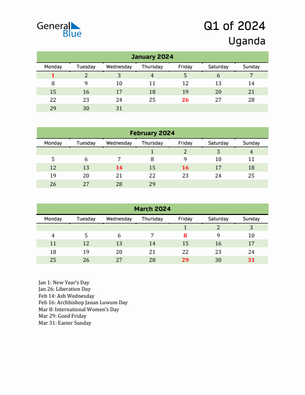 Quarterly Calendar 2024 with Uganda Holidays