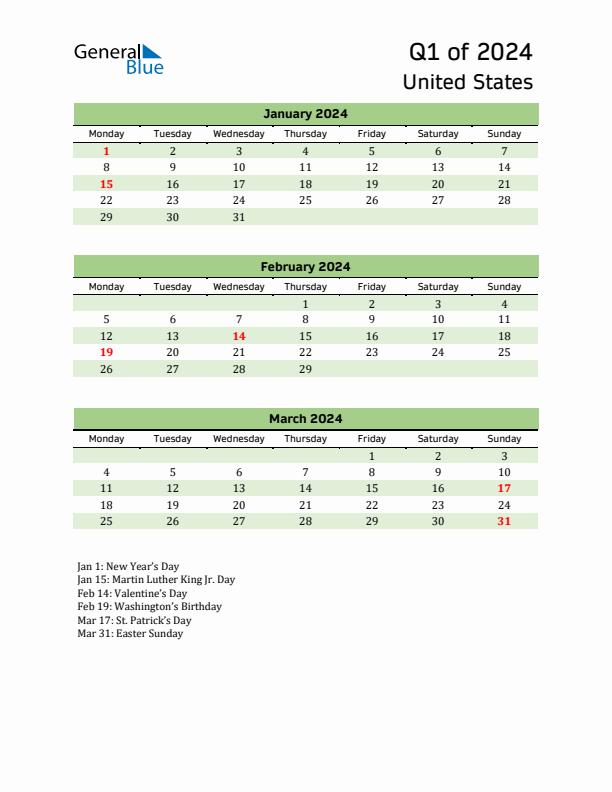 Quarterly Calendar 2024 with United States Holidays